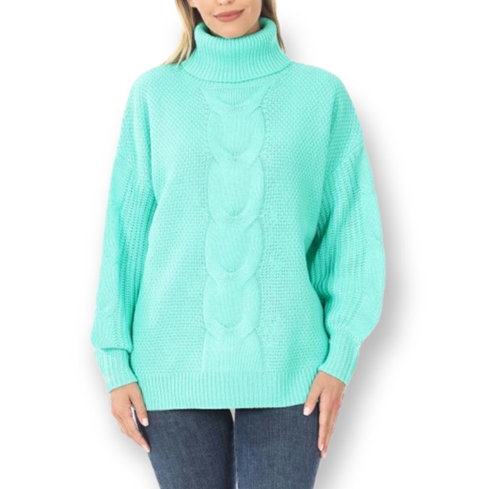 ZENANA MINT TURTLENECK CABLEKNIT BALLOON SLEEVE SWEATER NWT